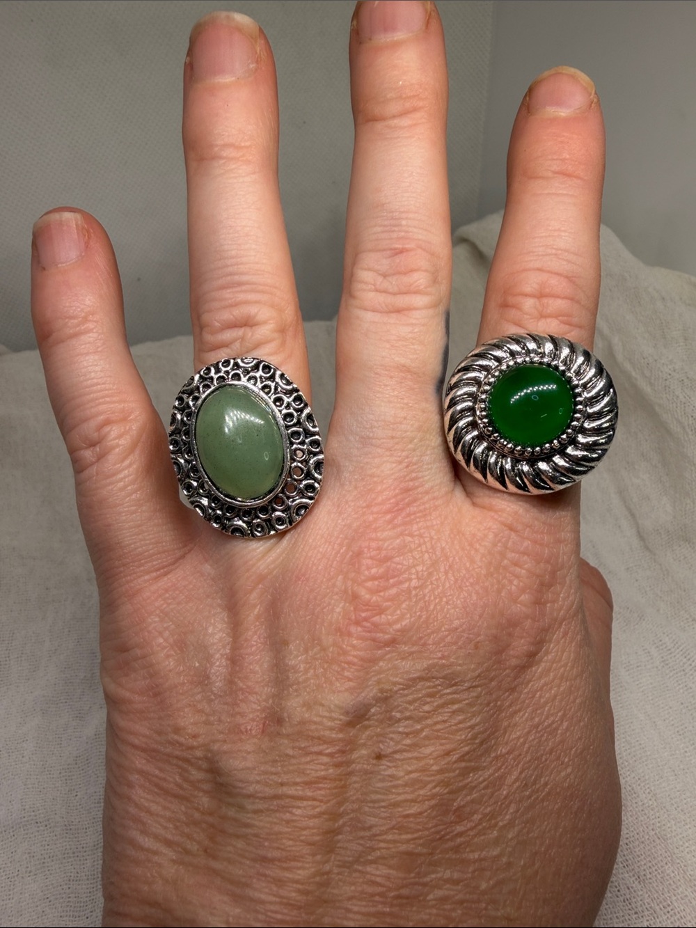 Earthy Luxe Green Aventurine & Agate Ring Duo Boho Cottagecore Luck and Success